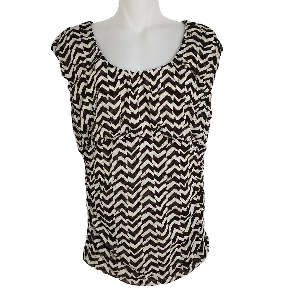 Kenneth Cole New York Women Blouse Medium Nylon Chevron Short Sleeve Brown White